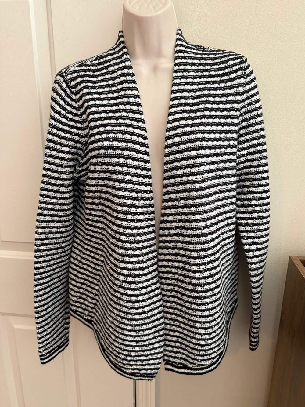 Chico's Open Front Striped Cardigan Black White Knit Sweater Women's Size M